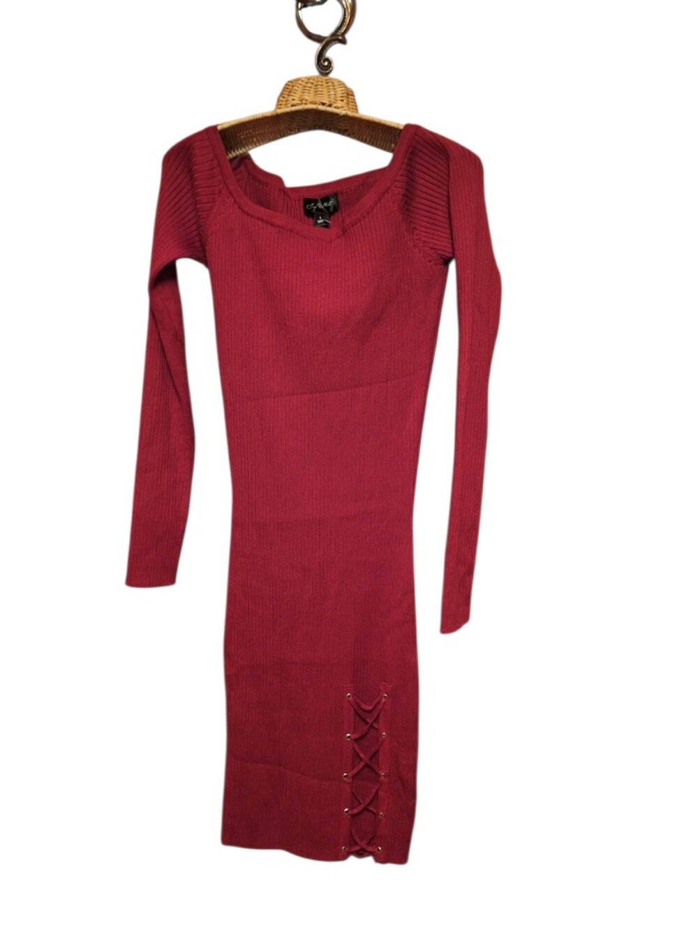 Say What? RED KNIT bodycon Dress Long sleeves Lace Up Detail Ladies Large NWT